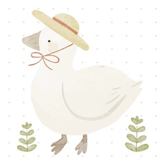 Cute White Duck with Hats in Watercolor Style