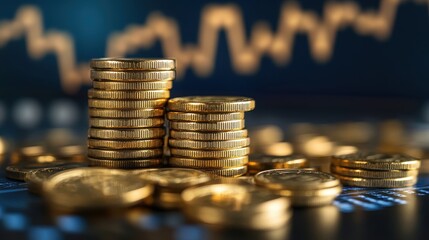 Stacks of Gold Coins on Financial Chart Background Representing Wealth, Investment, and Economic Growth
