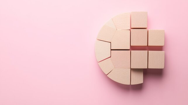 Strategic Market Analysis with Wooden Blocks Circular Graph on Pink Background. Business Strategy Concept. Flat Lay Composition. - Powered by Adobe