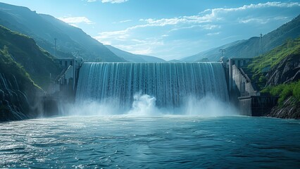 Fototapeta premium Hydroelectric Dam in Full Operation with Water Flowing Through Spillways Against Rugged Mountains and Clear Blue Sky - Sustainable Energy Generation
