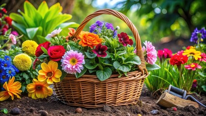 A basket of vibrant flowers and lush greenery thrives in a well-tended garden, surrounded by natural fertilizer elements like compost and nutrient-rich soil.