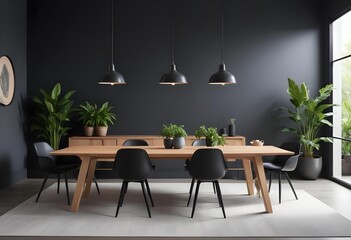 A modern dining room with a large wooden table, black chairs, and potted plants on the table. The room has a dark gray wall and pendant lights above the table.