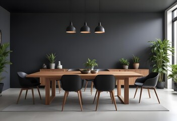 Fototapeta premium A modern dining room with a large wooden table, black chairs, and potted plants on the table. The room has a dark gray wall and pendant lights above the table.