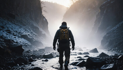 Obraz premium Stream Lost in Foggy Winter: The Expeditioner's Tour Engulfed in Landslide