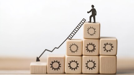 Business Success and Growth Concept in Minimalist Style - Wooden Blocks, Arrow, Gears, and Climbing Businessman