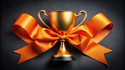 A beautiful orange ribbon tied in a elegant bow, symbolizing excellence and achievement, is pinned to a shiny award trophy on a dark background.