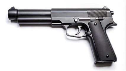 A black pistol with a long silencer attached to the barrel, isolated on a white background, with a subtle shadow and slight metallic sheen.