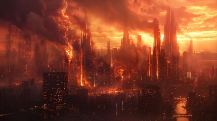 Futuristic city skyline engulfed in flames at sunset