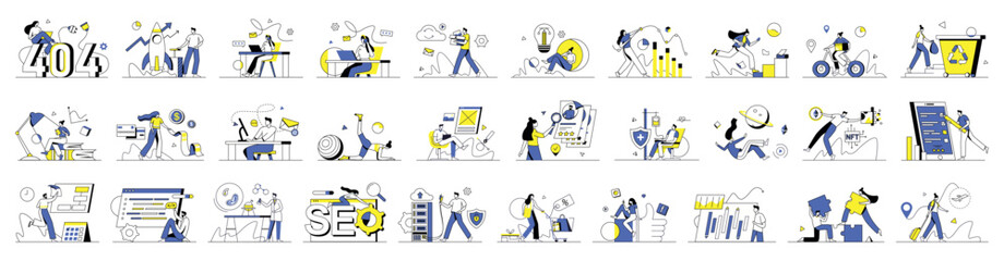 Mega set of linear minimalist concepts with people scene in flat cartoon design. The set of illustrations with big elements and cover a variety of topics. Vector illustration.