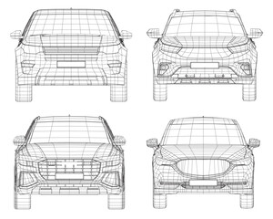 Set of wireframe different models of cars. Vector flat style illustration. Front view car vector illustration. 3D