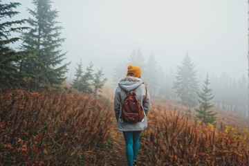 Foggy cold morning weather in autumn. Woman with backpack and knit hat hiking in forest at fall season
