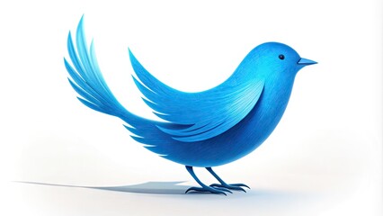 Obraz premium A blue bird silhouette with a white body and bright blue feathers, perched on a white background, symbolizing social media and online communication.