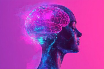 Obraz premium Vibrant digital illustration of a person with a glowing brain set against a neon pink background symbolizing the energetic fusion of creativity technology and modern thought