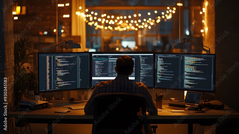 Wall mural coding in office environments, deserted software development office, multiple screens with coding so