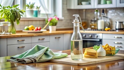 A bottle of white vinegar and a microfiber cloth sit on a cluttered kitchen counter, surrounded by dirty dishes and crumbs, awaiting a natural cleaning session.