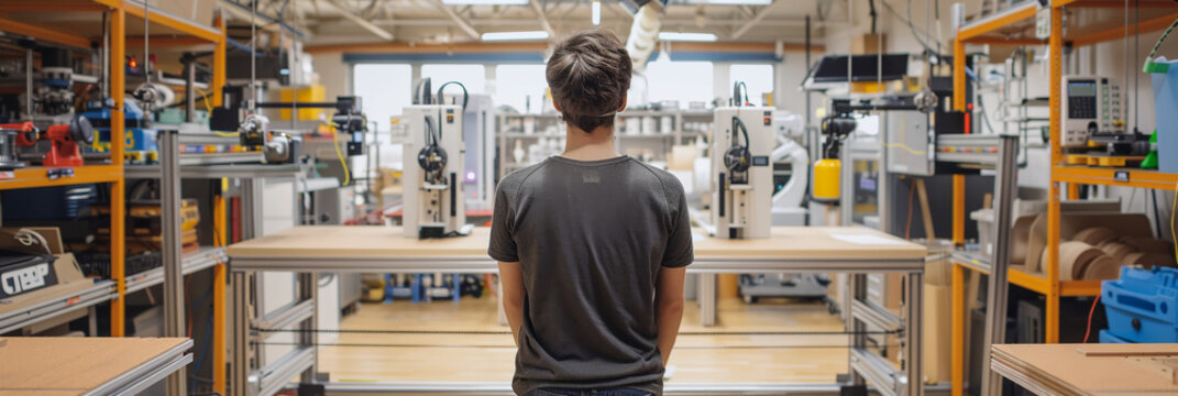 A school makerspace with 3D printers, robotics kits, and a collaboration table.