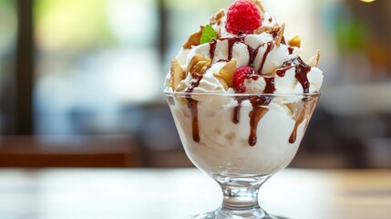 Delicious Ice Cream Sundae with Chocolate Sauce and Raspberries