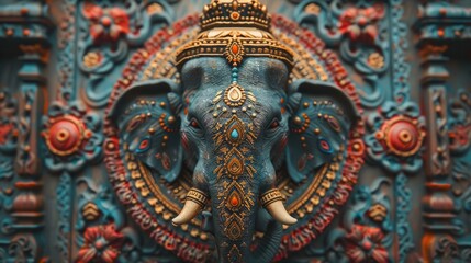 Detailed carved wall decoration featuring an ornate elephant head, symbolizing prosperity and wisdom
