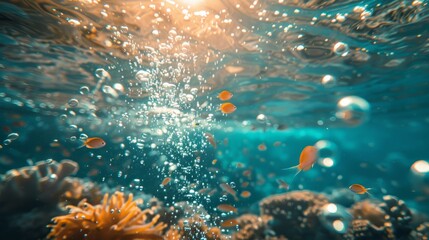 Bubbles rising among colorful fish near coral reef in sunlight underwater