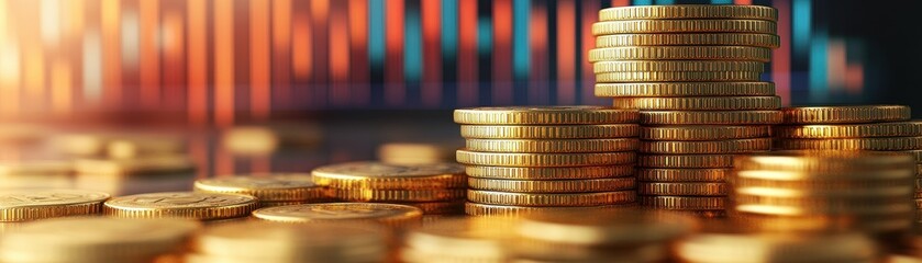 Obraz premium Stacks of Gold Coins with Financial Graphs in the Background Representing Investment and Wealth Growth