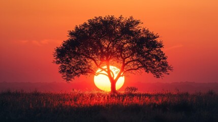 Sunset over a silhouetted tree in an open field