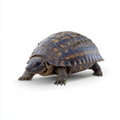 Fototapeta premium A turtle on a white background, highlighting its natural texture and shell details in a simple, clean setting.