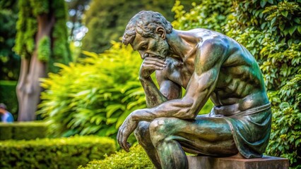 Fototapeta premium A bronze statue of a pensive figure, elbows resting on knees, chin supported by hand, lost in thought, surrounded by lush greenery in a serene setting.