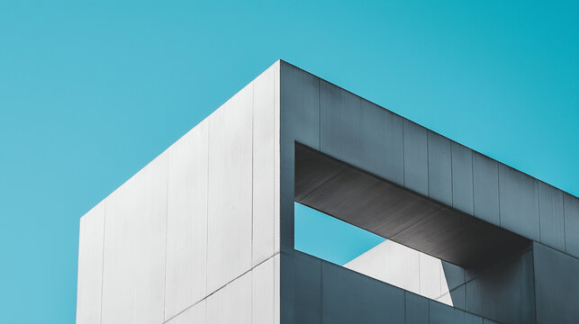 A modern, minimalist grey and white fair-faced concrete building stands against the backdrop of a deep blue sky