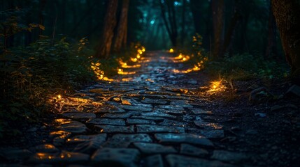 Obraz premium Cobblestone path lights up with glowing orbs in a misty forest during twilight