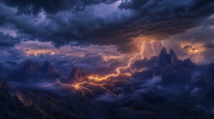 Dramatic landscape with mountains, lightning, and stormy skies at dusk.