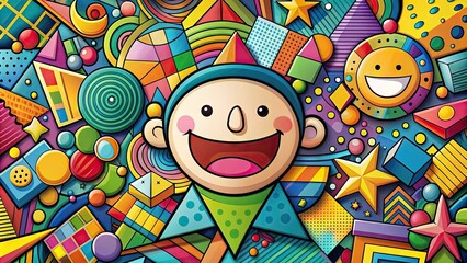 Obraz premium Abstract illustration of a smiling cartoon figure with colorful geometric shapes and lines floating around, conveying creativity, imagination, and playfulness.