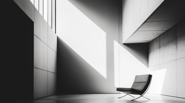 A chair stands in a tranquil, empty room within a building characterized by clean, simple lines of modern minimalist architecture, constructed from fair-faced concrete