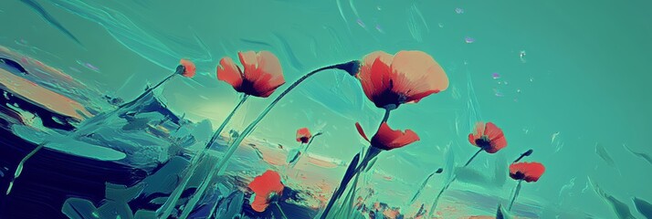 The vibrant digital artwork depicts a whimsical garden with colorful insects and wildflowers