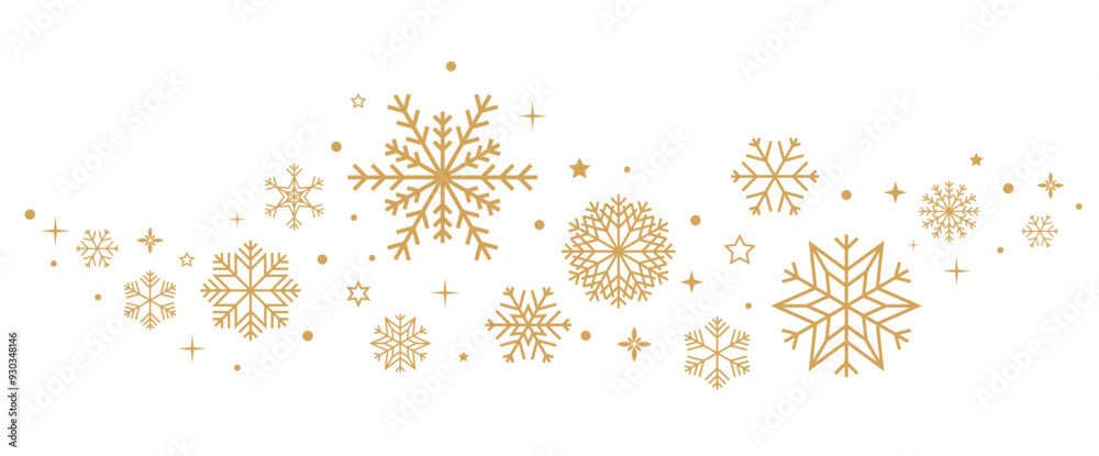 Poster gold snowflakes and stars border frame isolated on transparent background. vector christmas banner. 