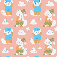 Cute Cat Sleep Pattern with Clouds and Pajamas