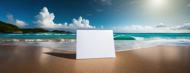 A white rectangular paper stands on a sandy beach with tropical ocean waves in the background under a clear blue sky.