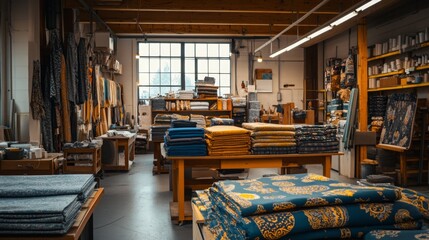 A textile workshop showcases vibrant fabrics and rolls neatly arranged on tables in a well-lit studio.