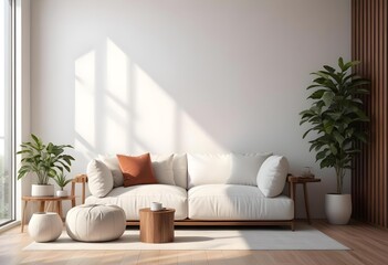 A modern, minimalist living room with a large, comfortable white sofa, accent pillows, and a wooden coffee table. The room is clean.