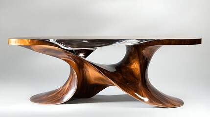 A contemporary wooden table with a unique design, featuring a sleek, oval tabletop and an intricate, flowing base made of polished wood. The tabletop has a smooth, glossy finish.