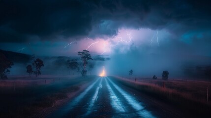 Fototapeta premium Lightning illuminates a stormy landscape along a deserted road at twilight