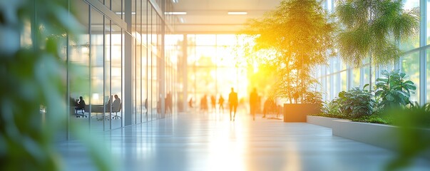 Modern ecofriendly office with blurred people, green trees, and sunlight, business concept image with copy space, Midjourney