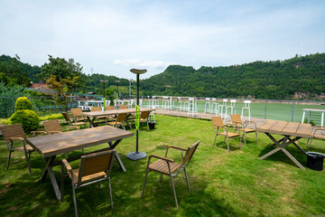 Outdoor restaurant on the lakeside lawn