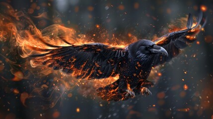 Naklejka premium A raven with fiery wings soars through a dark forest in a magical twilight setting