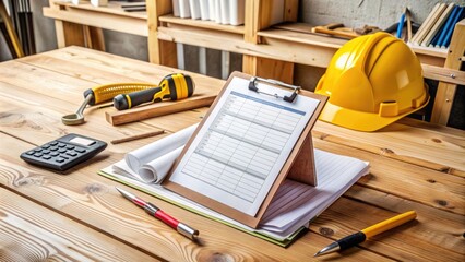 A clipboard with a contractor's invoice and payment details lies on a wooden workbench surrounded by construction tools and blueprints in a newly renovated room.