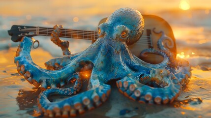 octopus playing guitar on the beach at sunset with ocean waves