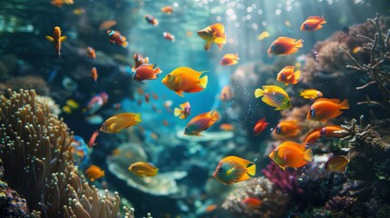 Naklejka premium Colorful tropical fish swim among coral reefs in a vibrant underwater paradise