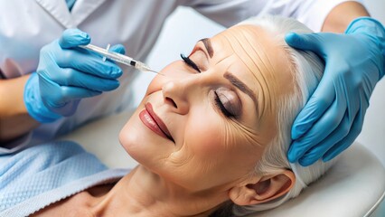Fototapeta premium A close-up shot of a healthcare professional administering facial filler injections to a patient's forehead, highlighting the subtle rejuvenation of fine lines and wrinkles.