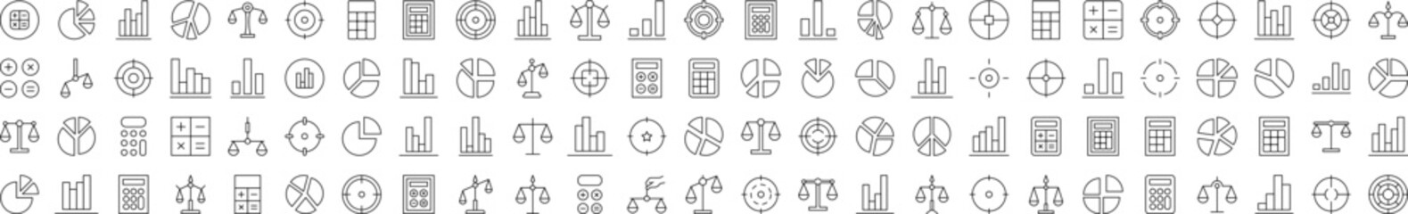 Scales, Target, Calculator, Diagram, Business Line Icon Bundle. Editable Stroke. Minimalistic Linear Pictogram for Design of Cards, Apps, Banners, Posts