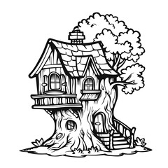 Fototapeta premium a black and white drawing of a tree house with a tree