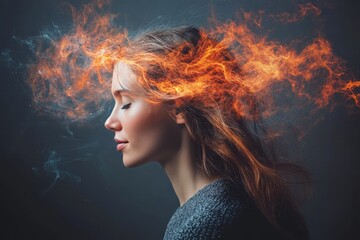 A side profile of a woman with fiery hair blending into the air symbolizing passion creativity and the fierce energy that drives personal expression and artistic pursuits